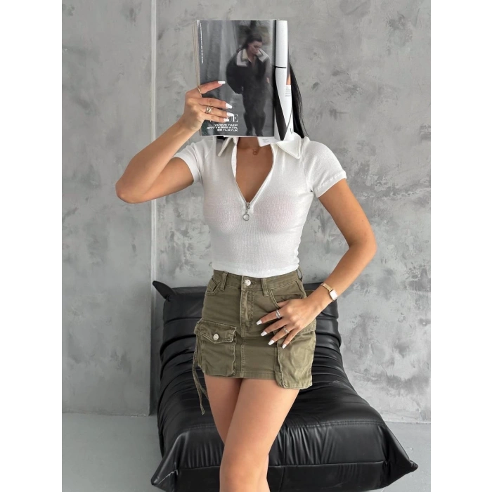 petite ateiler kaşkorse yaka fermuarlı bluz beyaz