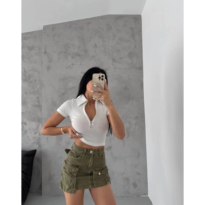 petite ateiler kaşkorse yaka fermuarlı bluz beyaz