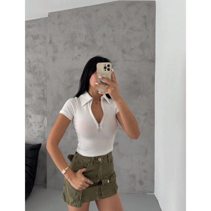 petite ateiler kaşkorse yaka fermuarlı bluz beyaz