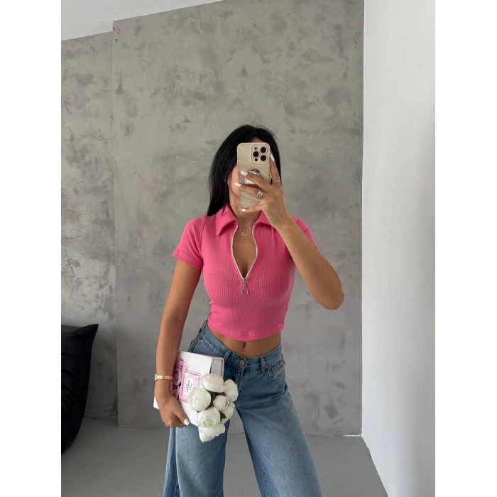 petite ateiler kaşkorse yaka fermuarlı bluz fuşya