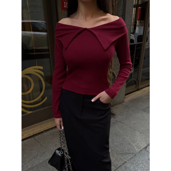 petite ateiler Kelebek yaka uzun kol bluz bordo