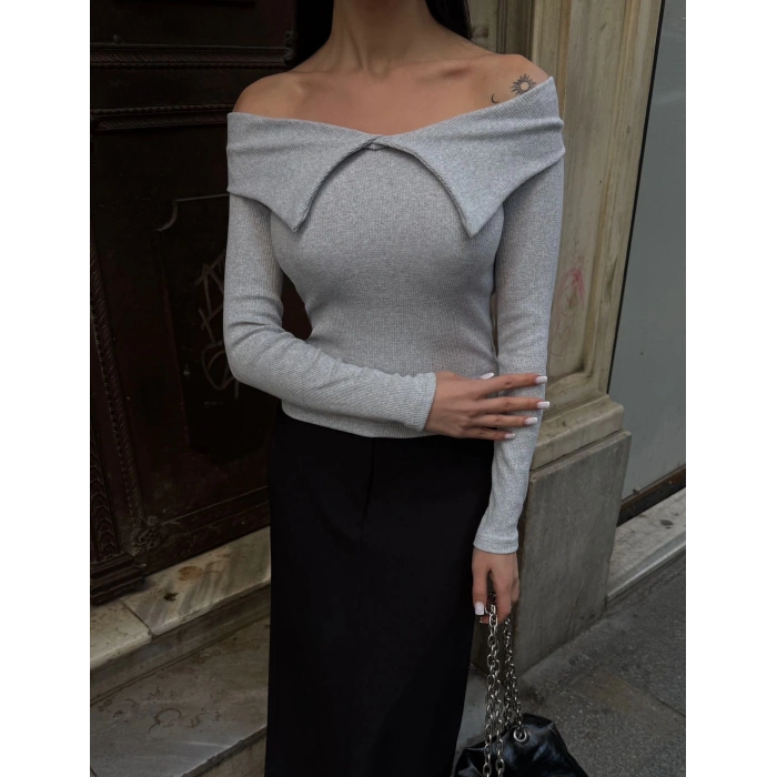 petite ateiler Kelebek yaka uzun kol bluz Gri