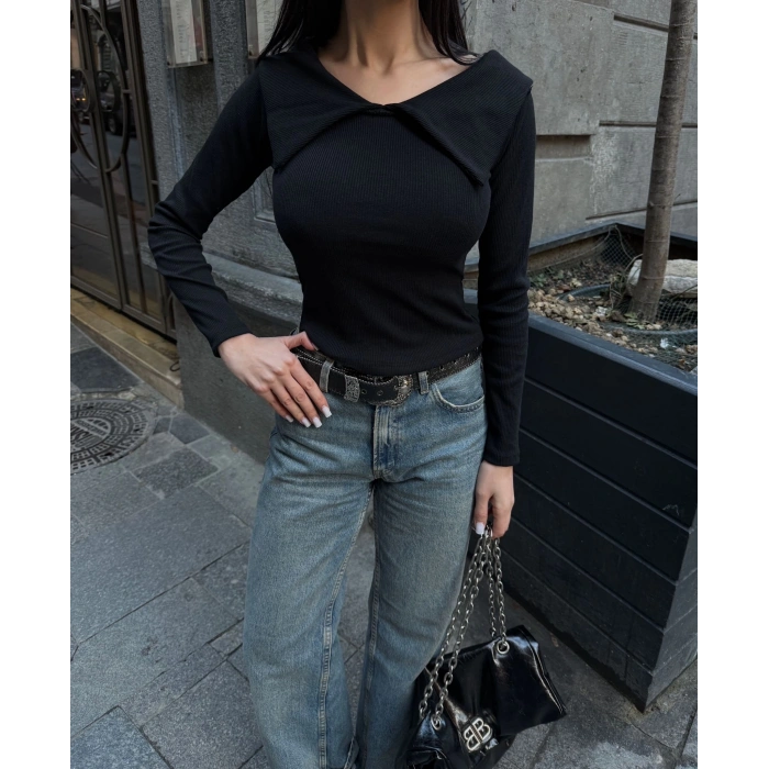 petite ateiler Kelebek yaka uzun kol bluz siyah