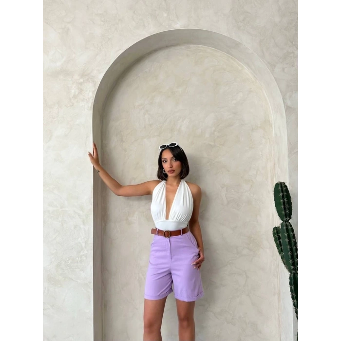 petite ateiler Kemerli gabardin şort lila s25735