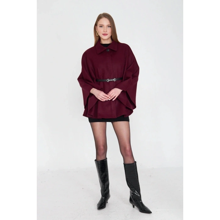 petite ateiler Kemerli kaşe panço bordo pt