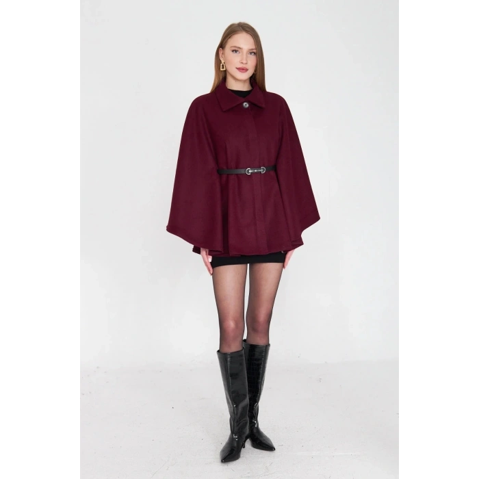 petite ateiler Kemerli kaşe panço bordo pt