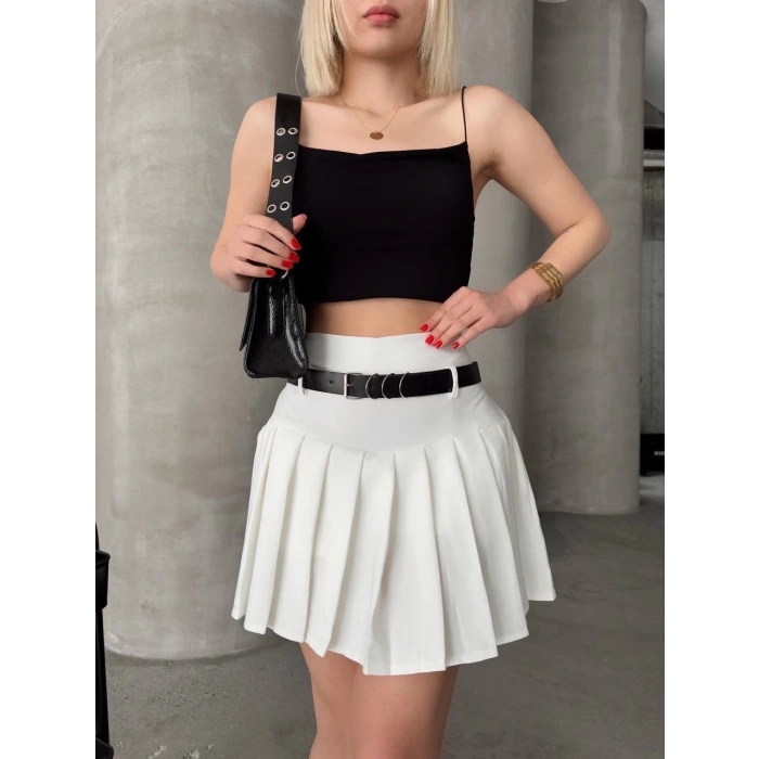 petite ateiler Kemerli piliseli şort etek beyaz s25305