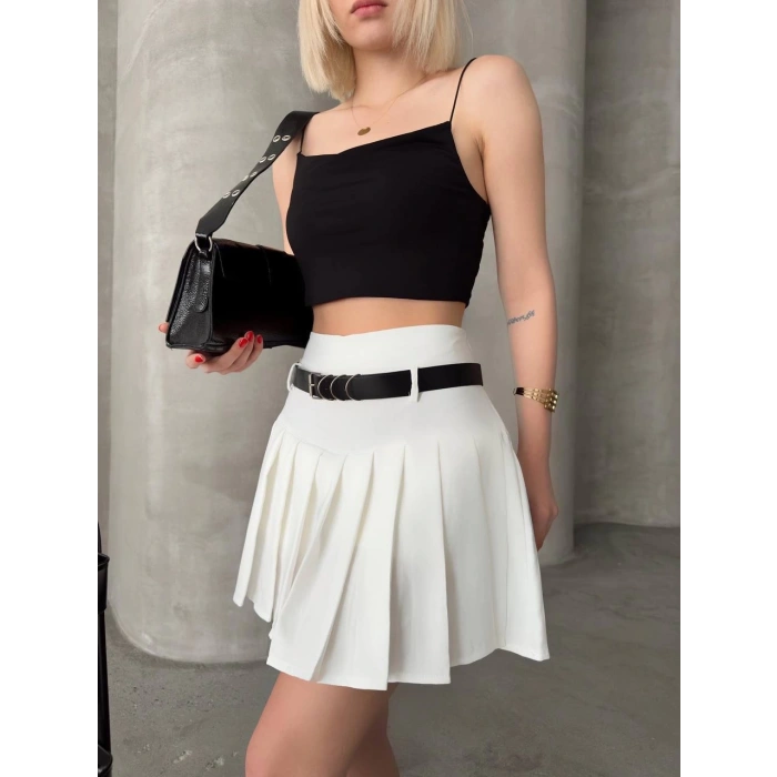 petite ateiler Kemerli piliseli şort etek beyaz s25305