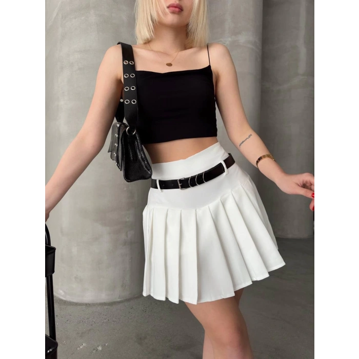 petite ateiler Kemerli piliseli şort etek beyaz s25305