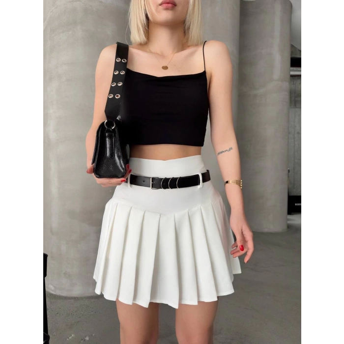 petite ateiler Kemerli piliseli şort etek beyaz s25305
