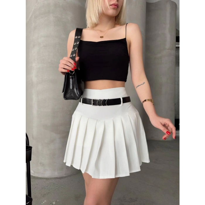 petite ateiler Kemerli piliseli şort etek beyaz s25305