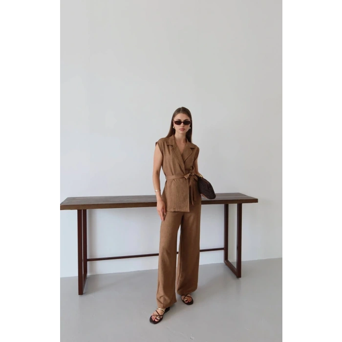 petite ateiler Keten yelek pantolon takım kahve pt