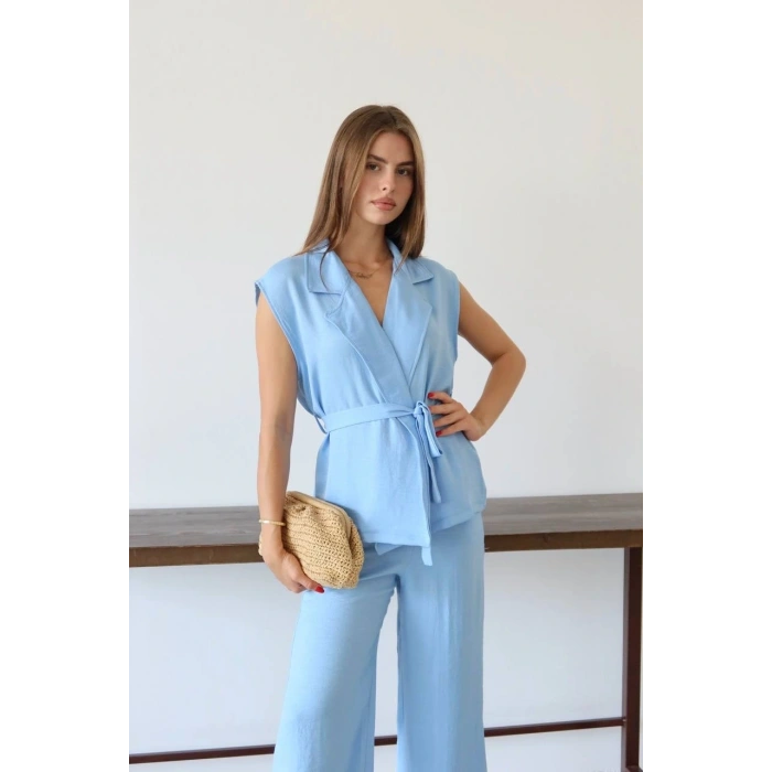 petite ateiler Keten yelek pantolon takım mavi pt