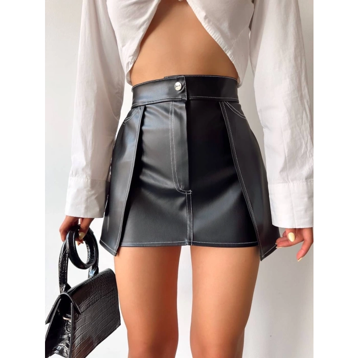 petite ateiler Kontrast deri etek siyah w260015