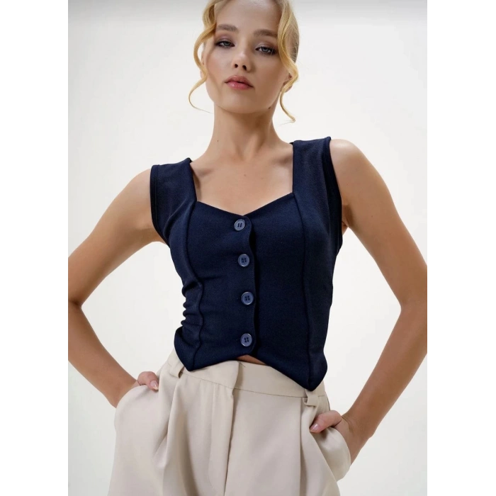 petite ateiler Krep kumaş düğmeli yelek lacivert s3395