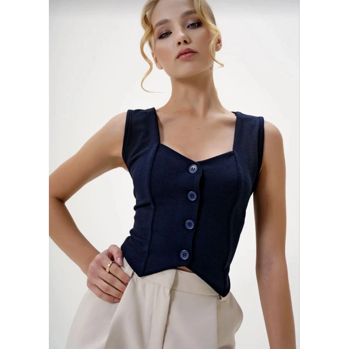 petite ateiler Krep kumaş düğmeli yelek lacivert s3395