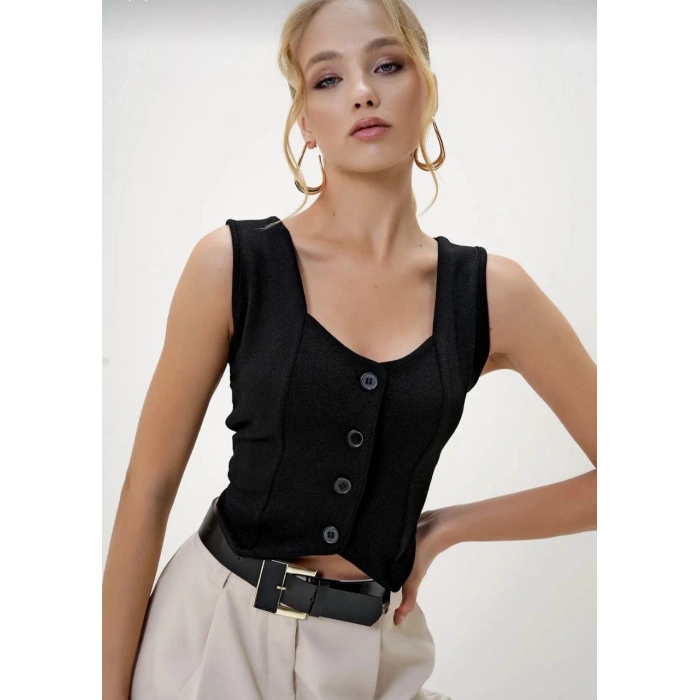 petite ateiler Krep kumaş düğmeli yelek siyah s3395