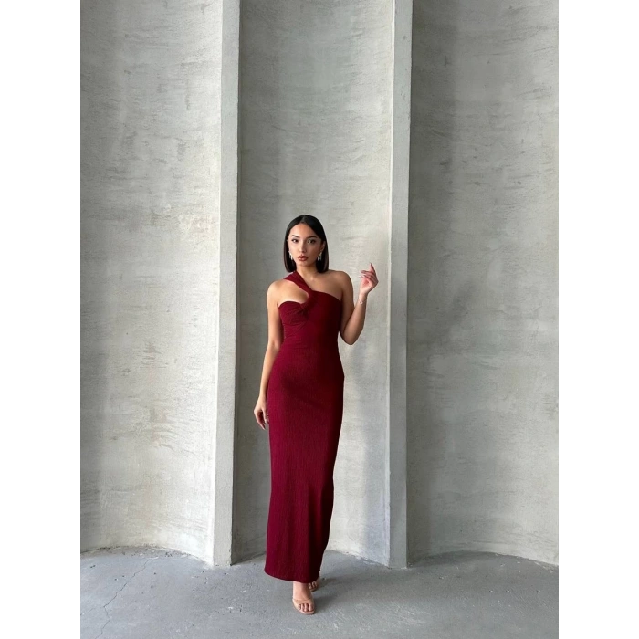 petite ateiler Krinkıl tek omuz uzun elbise bordo s25455