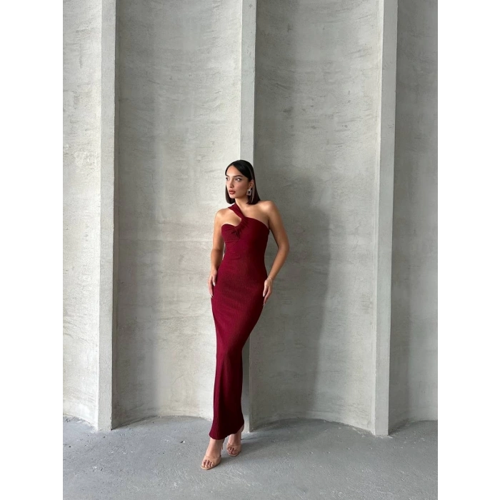 petite ateiler Krinkıl tek omuz uzun elbise bordo s25455
