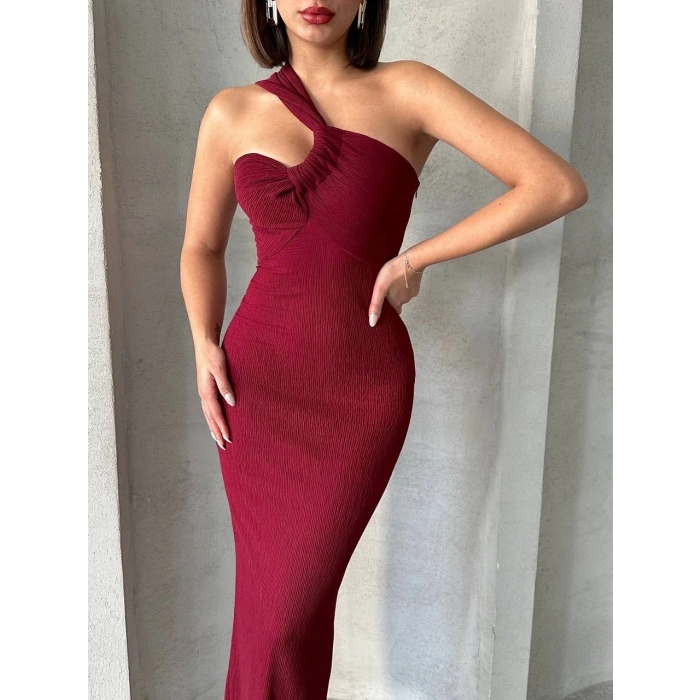 petite ateiler Krinkıl tek omuz uzun elbise bordo s25455
