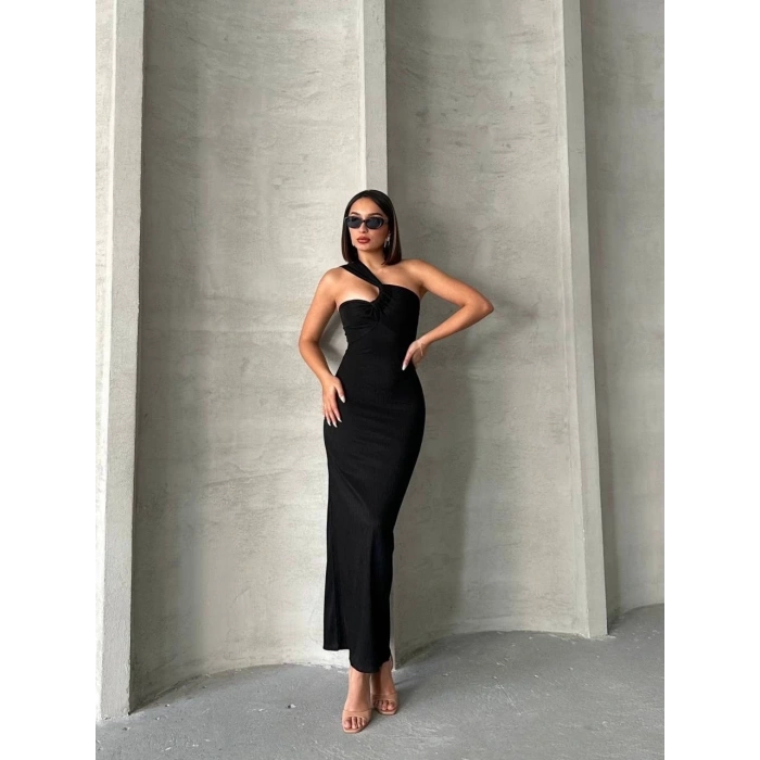 petite ateiler Krinkıl tek omuz uzun elbise siyah s25455