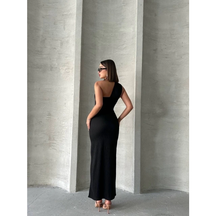 petite ateiler Krinkıl tek omuz uzun elbise siyah s25455