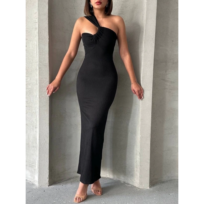 petite ateiler Krinkıl tek omuz uzun elbise siyah s25455