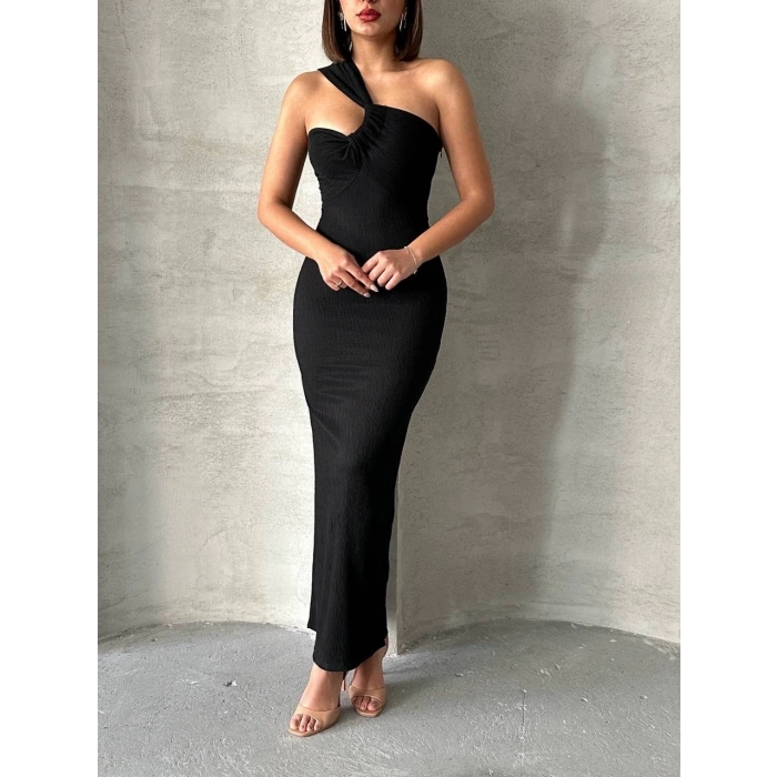petite ateiler Krinkıl tek omuz uzun elbise siyah s25455
