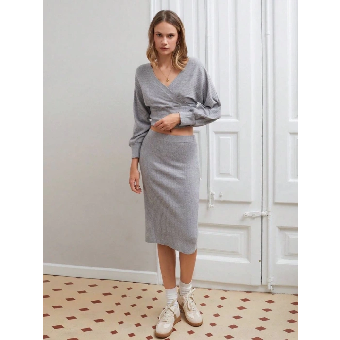 petite ateiler Kruvaze şardonlu etekli takım gri