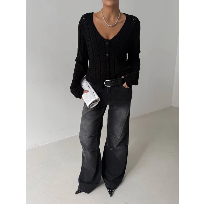 petite ateiler Küçük düğmeli küçük örgülü triko hırka siyah