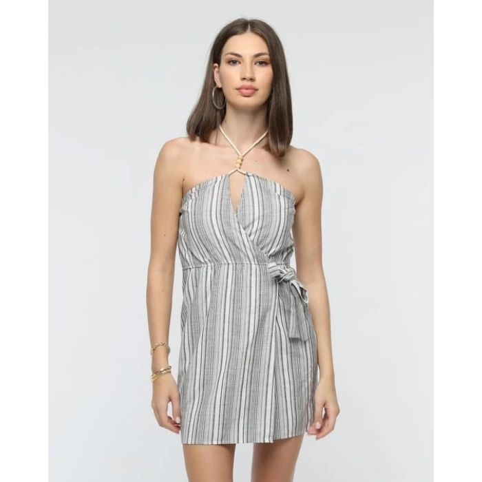 petite ateiler Kuşaklı çizgili mini keten elbise