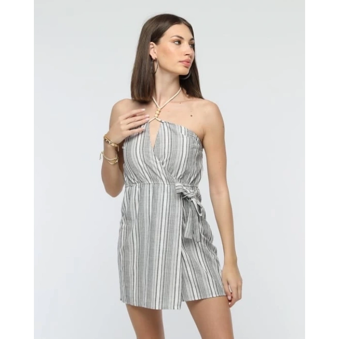 petite ateiler Kuşaklı çizgili mini keten elbise