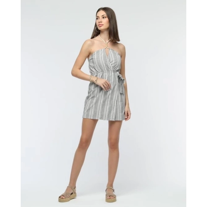 petite ateiler Kuşaklı çizgili mini keten elbise