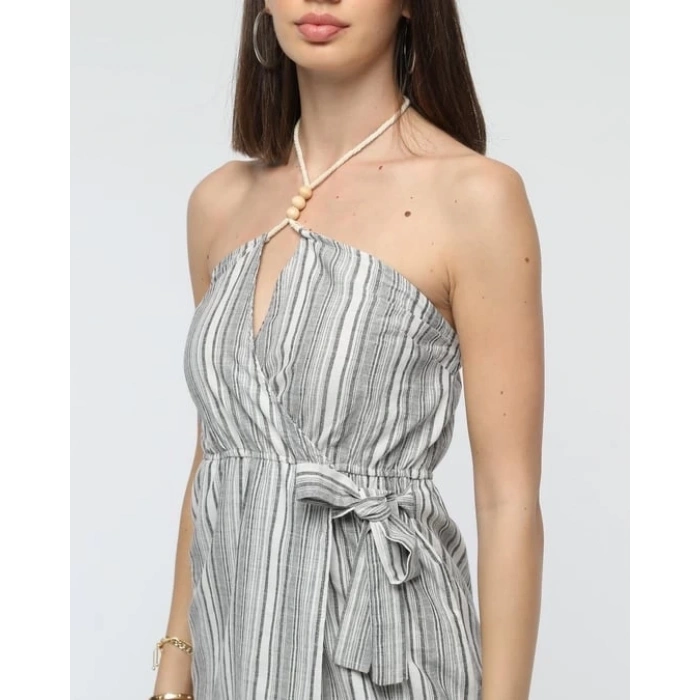 petite ateiler Kuşaklı çizgili mini keten elbise