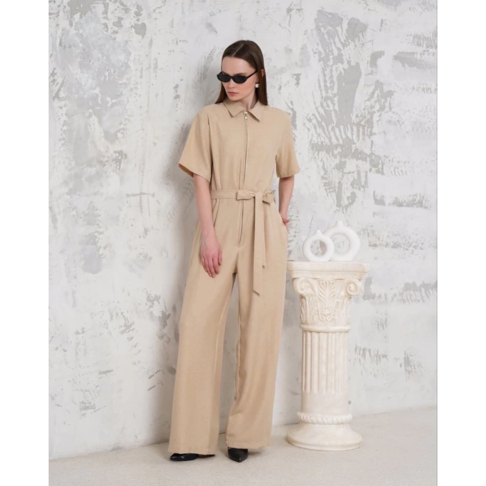 petite ateiler Kuşaklı gömlek yaka salaş tulum bej s255822