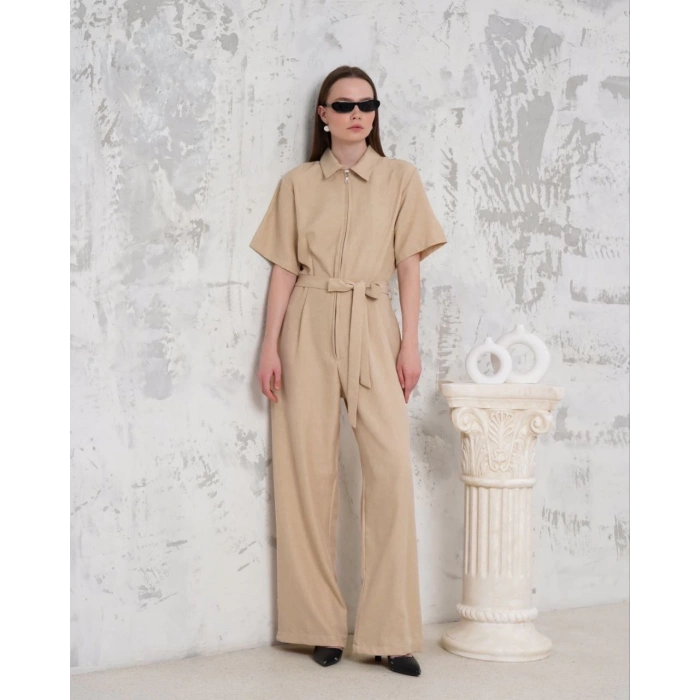petite ateiler Kuşaklı gömlek yaka salaş tulum bej s255822