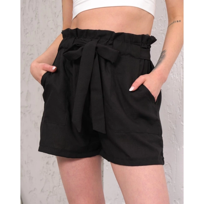 petite ateiler Kuşaklı keten şort siyah s255265