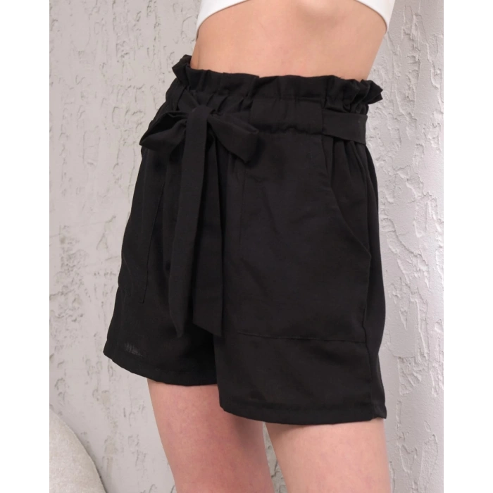 petite ateiler Kuşaklı keten şort siyah s255265
