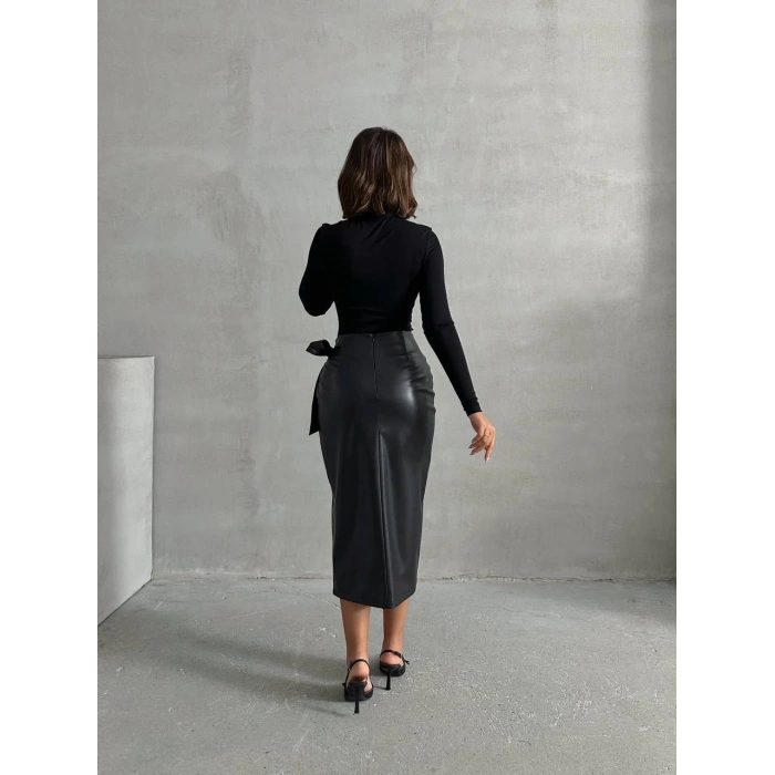 petite ateiler Kuşaklı uzun deri etek siyah h26414