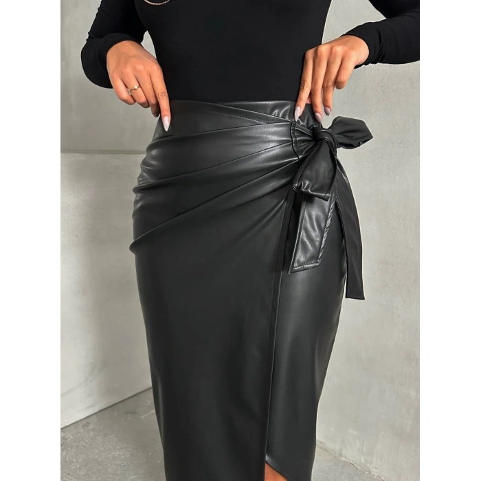 petite ateiler Kuşaklı uzun deri etek siyah h26414