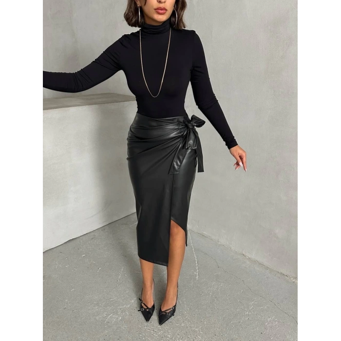 petite ateiler Kuşaklı uzun deri etek siyah h26414