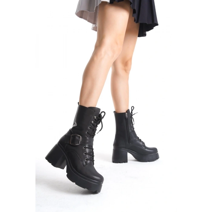 petite ateiler Linma Siyah Cilt Bağcıklı Topuklu Bot