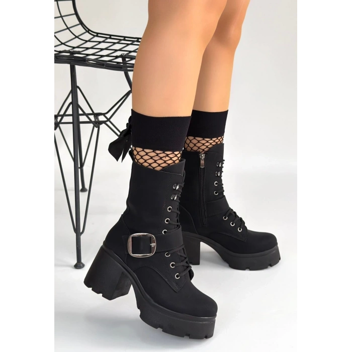 petite ateiler Linma Siyah Nubuk Bağcıklı Topuklu Bot