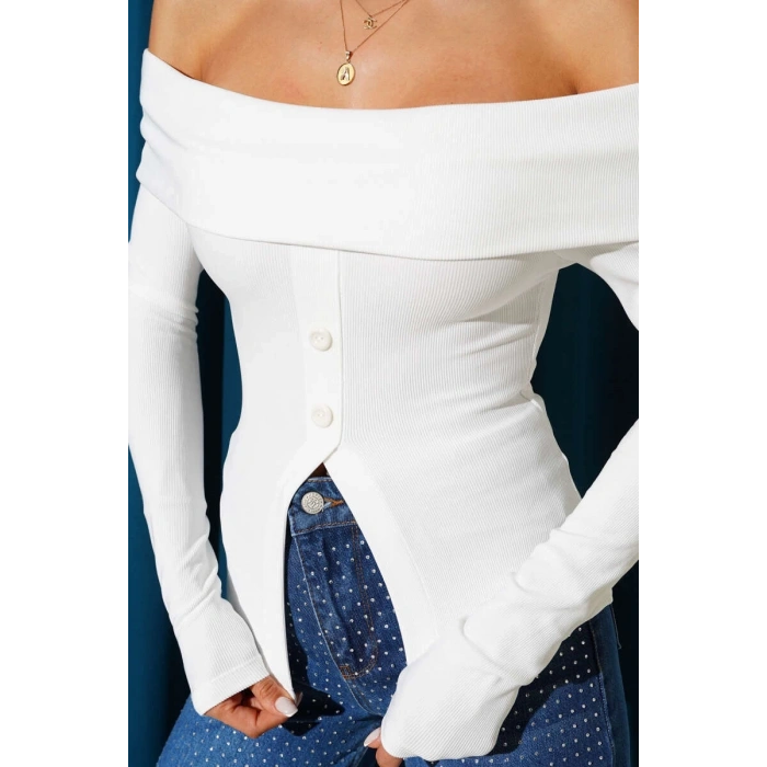 petite ateiler Madonna Yaka Düğmeli Bluz Beyaz t4329