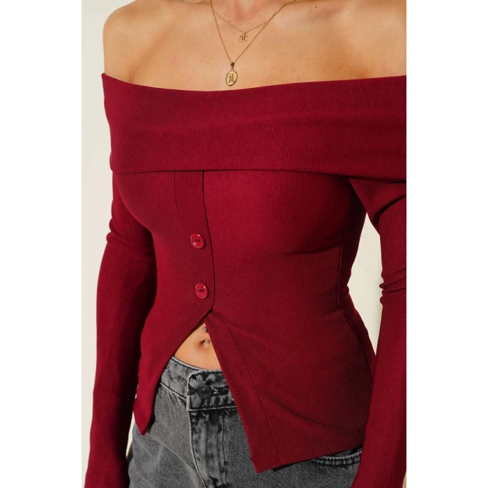 petite ateiler Madonna Yaka Düğmeli Bluz bordo t4329