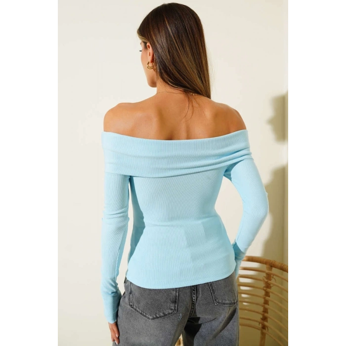 petite ateiler Madonna Yaka Düğmeli Bluz Mavi t4329