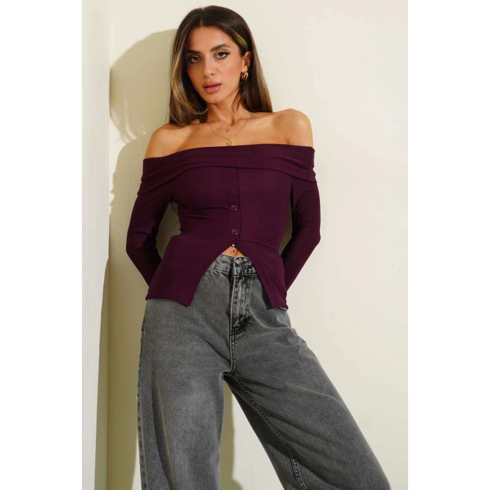 petite ateiler Madonna Yaka Düğmeli Bluz Mürdüm t4329