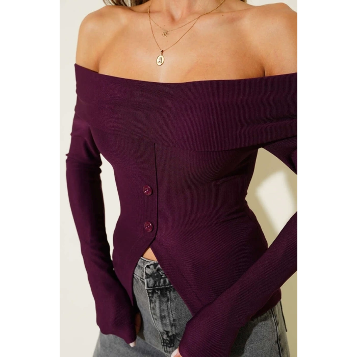 petite ateiler Madonna Yaka Düğmeli Bluz Mürdüm t4329