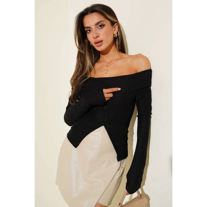 petite ateiler Madonna Yaka Düğmeli Bluz siyah t4329