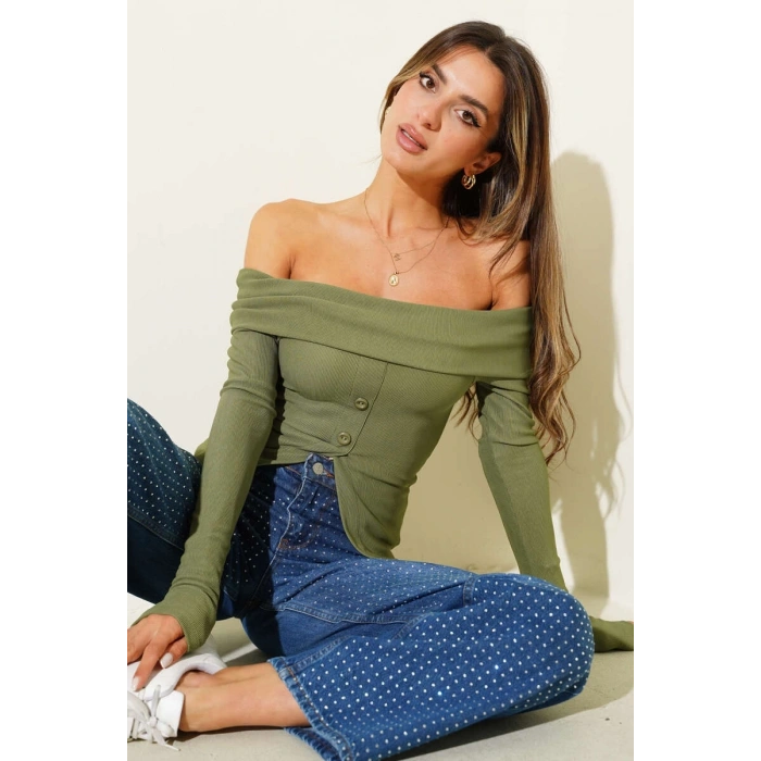 petite ateiler Madonna Yaka Düğmeli Bluz yeşil t4329